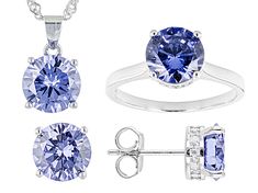 Bella Luce® Esotica™ tanzanite and white diamond simulants 12.19ctw round, platinum over sterling silver jewelry set. Pendant measures approximately 0.50" L x 0.25" W with a 2mm bail width. It also features a singapore chain with a 2" extender and a lobster claw clasp closure. Ring measures approximately 0.75" L x 0.31" W and is not sizeable. Earrings measure approximately 0.69" L x 0.31" W and has push back backings. Silver Jewellery Sets, Diamond Simulant, Man Made Diamonds, Blue Gemstones, Natural Crystals, White Diamond, Gemstone Colors, Jewelry Set, Cubic Zirconia