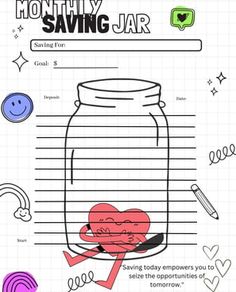 a jar filled with hearts sitting on top of a table next to writing utensils