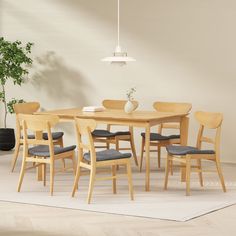 a dining room table with chairs and a potted plant on the floor next to it