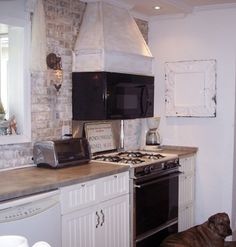 a dog sitting on the floor in a kitchen next to a stove top oven and microwave