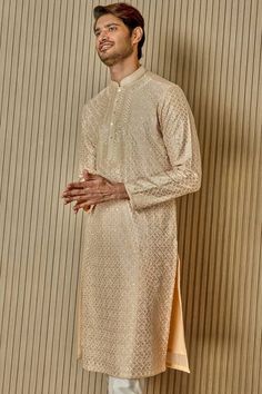 Beige tussar silk kurta with tonal resham, lurex, zari, and sequin embroidery in floral jaal patterns. Comes with pyjama. - Aza Fashions Semi-stitched Chikankari Kurta For Reception, Silk Sherwani With Resham Embroidery, Elegant Chanderi Bandhgala For Festive Occasions, Elegant Festive Chanderi Bandhgala, Elegant Chanderi Bandhgala For Wedding, Eid Cotton Silk Bandhgala With Dupatta, Festive Cotton Silk Bandhgala For Formal Occasions, Eid Bandhgala With Dupatta In Cotton Silk, Elegant Cotton Silk Sherwani For Festive Season