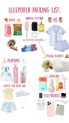 the contents of a sleepover packing list are shown in pink, blue and white