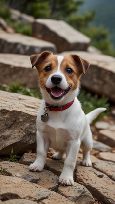 a small white and brown dog standing on top of a rock covered ground with trees in the background