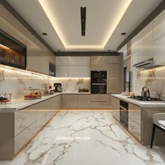 a modern kitchen with marble counter tops and white cabinets, along with an island in the middle