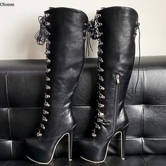 #ad Fitted Lace-up Platform Heels, Club High Heeled Boots In Faux Leather, Leather High Heel Platform Boots For Club, Trendy High Ankle Heels For Club, Knee-high Leather Club Heels, Knee-high Leather Heels For Club, Party High-cut Platform Heels, Party High Cut Platform Heels, Trendy Club Heels With Round Toe