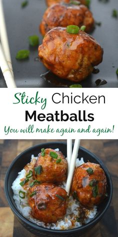 chicken meatballs with white rice in a bowl and chopsticks on the side