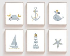 four pictures with different designs on them in the shape of animals and lighthouses, one is