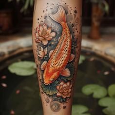 a goldfish tattoo on the leg with water lilies and stars around it's edges