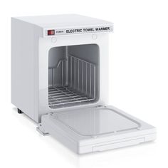 an electric towel warmer is shown with the door open to show it's contents