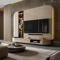 a modern living room with an entertainment center