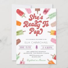 an ice cream themed birthday party card with popsicles on the front, and text that reads she's ready to pop