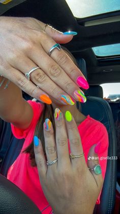 Bright Color Almond Nail Designs, Beach Nails Colorful, Cute Vibrant Nails, Summer Nails Builder Gel, Gel X Vacation Nails, Super Bright Nails, Bright Colorful Nail Designs, Vaca Nails 2024, Summer Hot Nails