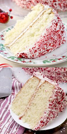 two slices of white cake with red sprinkles on plates next to each other