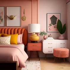 a bedroom with pink walls, gold accents and an orange headboard in the corner