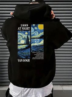 Men's New Trendy Hooded Sweatshirt, Casual Daily Drawstring Van Gogh Print Sporty Sweatshirt, Front Kangaroo Pocket, Men Top Black   Long Sleeve Knitted Fabric Graphic,Letter,Plain,Slogan  Slight Stretch  Men Activewear, size features are:Bust: ,Length: ,Sleeve Length: Creative Hoodie Design Ideas, Trendy Hoodies Men, Mens Flannel Shirt Refashion, Stylish Hoodies Men, Flannel Shirt Refashion, Umgestaltete Shirts, Hoodie Design Ideas, Bold Logo Design, Men Activewear