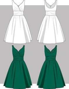 the front and back view of a dress with straps on it, in white and green