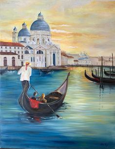 a painting of a man in a gondola on the water next to buildings