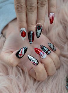 Horror, black and red, holiday nails, christmas nails, black christmas nails Black And Red Christmas Nails, Christmas Nails Black, Red Holiday Nails, Christmas Holiday Nails, Black Christmas Nails, Black And Red Christmas, Horror Black, Horror Christmas, Holiday Nails Christmas