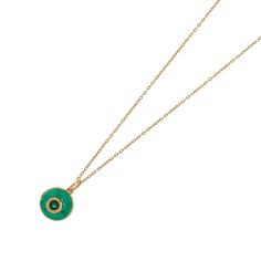 Wear the Green Enamel & Jade Stone Evil Eye Gold Chain Necklace as a daily reminder of positive energy and protection. Layer it with other symbolic or meaningful pieces to create a personalized and stacked look that reflects your unique style and beliefs. The Evil Eye, a symbol revered across cultures for its protective properties, is believed to ward off negativity and bring good fortune. At the heart of this necklace is the eye-catching green enamel and green Jade stone Evil Eye pendant, delicately plated with 18K gold on sterling silver Details 18K gold plated on Sterling Silver Green Jade Stone Necklace length 16" and 2'' extender Pendant height 0. 5'' Pendant width 0. 5'' Avoid contact with chemicals, makeup, perfume. Do not use dips or abrasive cleaners on necklace. To clean and brig Green Symbolic Pendant Necklace, April Birthstone Jewelry, March Birthstone Jewelry, Forever Jewelry, Eye Pendant, Evil Eye Pendant, Pearl Jewellery Earrings, Men's Jewelry Rings, Jade Stone