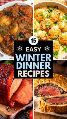 A comforting winter dinner recipes featuring a hearty beef stew with potatoes and olives, creamy chicken meatballs garnished with parsley, glazed holiday ham with a caramelized crust, and a perfectly baked beef Wellington with flaky golden pastry. Perfect easy winter dinner recipes for family meals, special occasions, or cozy nights at home. Vegetarian Meals