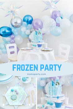 a frozen birthday party with balloons and cake