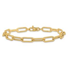 14K yellow gold 8.5-inch oval link chain bracelet with textured and polished finish. Measures approximately 1/4"W and secures with lobster closure. Classic Gold Oval Chain Bracelet, Classic Oval Gold Chain Bracelet, Elegant Gold Bracelet With Cable Chain In Oval Shape, Elegant Oval Gold Cable Chain Bracelet, Elegant Oval Gold Bracelet With Cable Chain, Formal Oval Gold Bracelet With Cable Chain, Classic Oval Cable Chain Paperclip Bracelet, Modern Gold Oval Cable Chain Bracelet, Classic Oval Paperclip Bracelet With Cable Chain