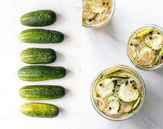 cucumbers and pickles are arranged in mason jars