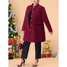 Plus Size Long Coat for Women Elegant Mid-thigh Stand Collar Winter Single Breasted Coat. Style with blouse and pants for a warm and elegant look. This pea coat is spun from soft fabric and fully lining, which is comfortable for all-day wear with big pockets. Feature pockets and unique buttons, and the mid-thigh length hem drapes beautifully over a variety of different looks. Red Stand Collar Outerwear With Buttons, Red Outerwear With Stand Collar And Button Closure, Burgundy Winter Outerwear With Buttons, Burgundy Single-breasted Winter Outerwear, Burgundy Outerwear With Button Closure For Fall, Burgundy Long Coat For Winter, Plus Size Elegant, Single Breasted Coat, Stylish Blouse