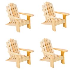 four wooden adiron chairs sitting next to each other on top of a white background