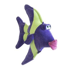 a purple and yellow fish with big eyes on it's head is flying through the air