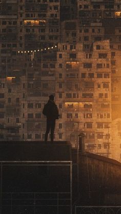 a man standing on top of a roof in front of tall buildings with street lights