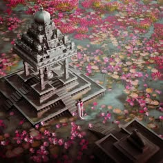 an artistic painting of a building surrounded by water lillies and pink flowers on the ground