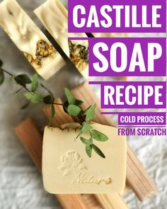 soap bars with green leaves on them and the words castille soap recipe