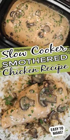 slow cooker smothered chicken recipe with mushrooms and gravy on top