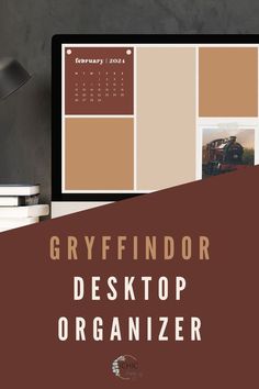 a desktop computer sitting on top of a desk next to a lamp and books with the words gryffindor desktop organizer