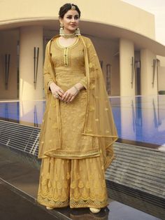 Dola Jacquard & Net - C557F Nitya | Fabricoz USA Wedding Palazzo, Pakistani Sharara Suit, Yellow Sharara, Pakistani Sharara, Palazzo Suit, Sharara Suit, Salwar Kamiz, Pakistani Salwar Kameez, Indian Dress