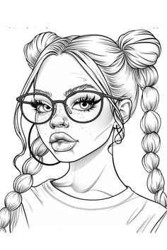 a girl with glasses and braids in her hair is featured in this black and white drawing