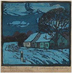 a drawing of a snowy landscape with houses and trees in the foreground, against a blue sky