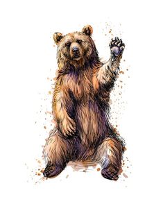 a drawing of a brown bear raising its paw in the air with watercolor splashes