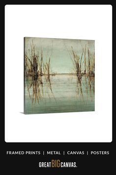 an image of some water and grass in the middle of it with text that reads framed prints metal canvass posters great big canvases