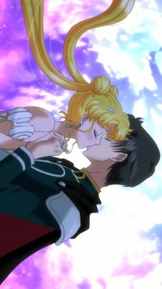 two anime characters kissing in front of purple and blue sky