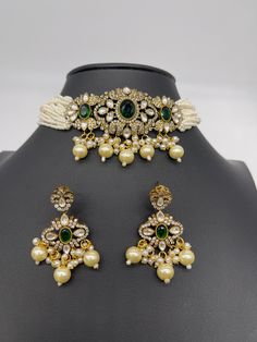 We bring beautiful Jewelry sure to elevate any look! Kindly pay attention to all photos and video and ask questions about the item prior to ordering. Traditional Green Pearl Necklace For Formal Occasions, Elegant Green Choker For Celebrations, Elegant Green Choker For Reception, Elegant Green Choker With Stone Work, Elegant Green Festive Choker, Emerald Green Stone, Earrings Emerald, Green Stones, Set Earrings