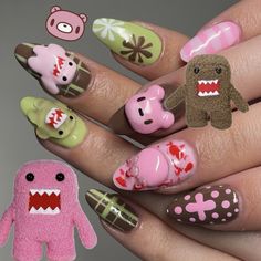 @ filedbyhan on instagram #nails #gelnails #gelx #domonails #domo #gloomybear Domo Kun Nails, Pink And Green Ombre Nails, Gloomy Bear Nails, Domo Nails, Silly Nails, Minecraft Nails, Green Ombre Nails, Monkey Nails, Bear Nails