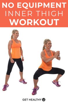 a woman in an orange top and black leggings doing squat exercises with the words, no equipment inner thigh workout