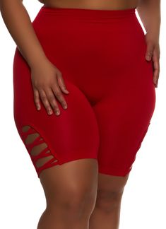 High Waisted, Shorts, Caging, Seamless, Solid, Item Number 1960001443711 Red Stretch Mid-thigh Biker Shorts, Rainbow Shop, Plus Size Shorts, Biker Shorts, Size Clothing, Plus Size Outfits, High Waisted, Plus Size, Red