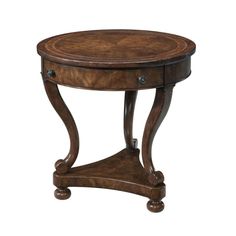 a small wooden table with two drawers on one side and an oval shaped drawer on the other