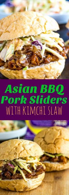 These tender and delicious Slow Cooker Asian BBQ Pork Sliders with Kimchi Slaw are a perfect game day choice. Tender pork is shredded and coated with an Asian inspired BBQ sauce and topped with a spicy yet mellow kimchi slaw. Football season is among us and so is all the meaty, cheesy, and spicy foods that go along with it! Asian Bbq Pork, Crockpot Asian, Kimchi Slaw, Slow Cooker Asian, Asian Bbq, Pork Sliders, Paleo Crockpot, Slow Cooked Meals, Best Slow Cooker