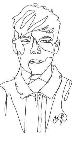 a black and white drawing of a man with glasses on his face, wearing a jacket