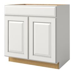 a white cabinet with two doors and one drawer on the bottom, in front of a white background