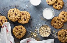 oatmeal cookies and milk on a table